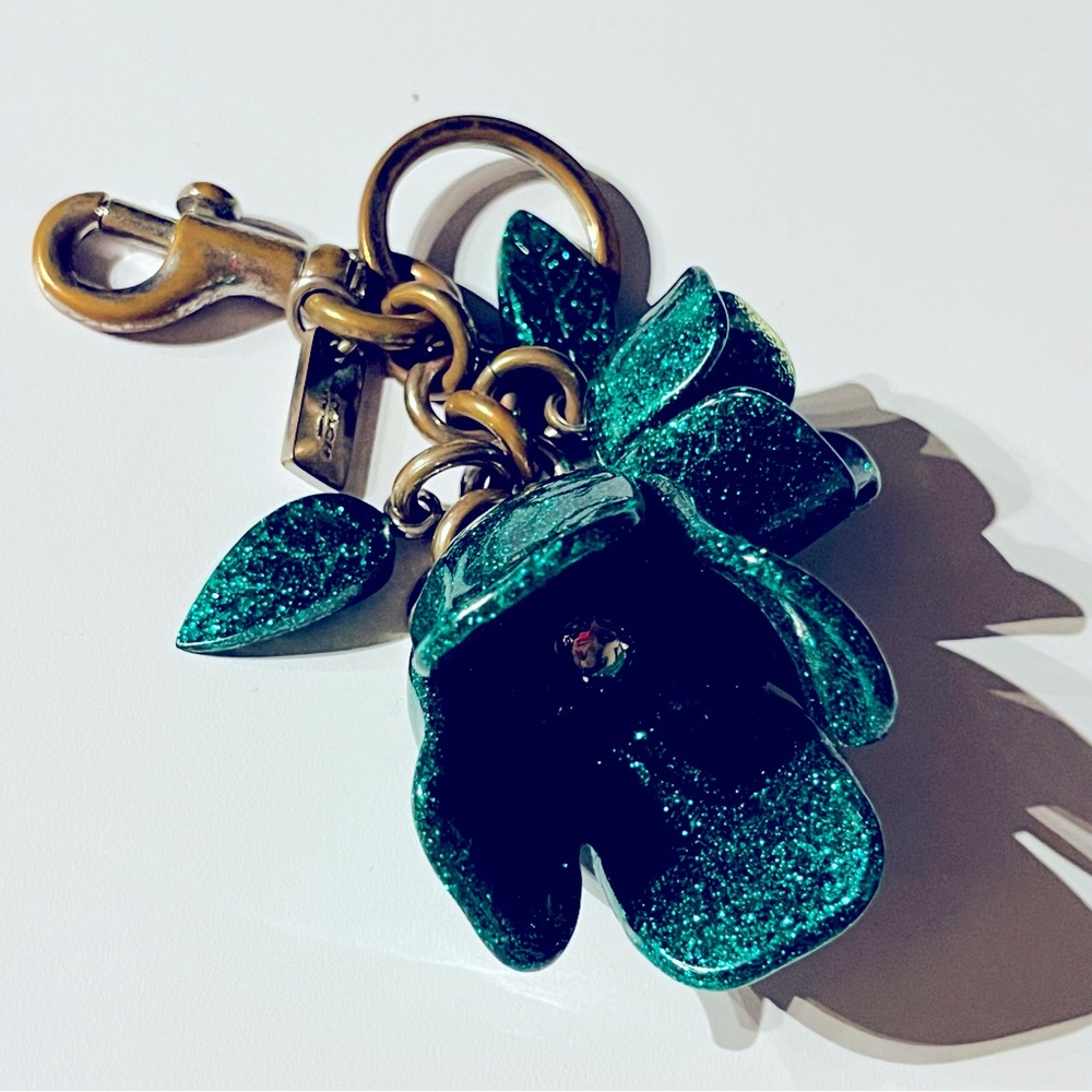 Coach tea rose sparkle glitter lucite green keychain key fob bag charm